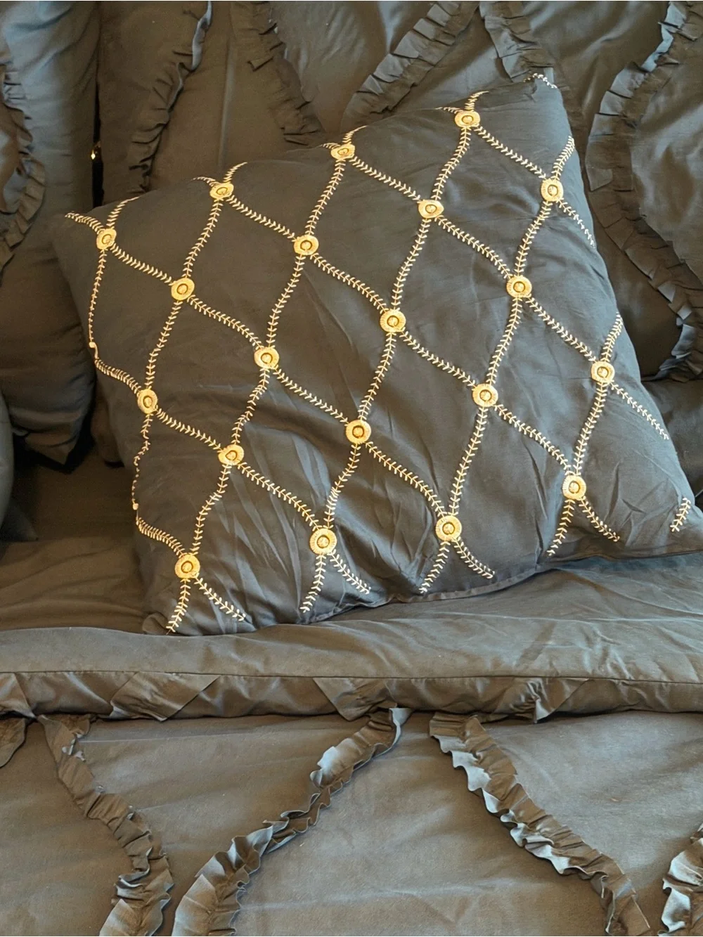 Navy Blue Ruffle Comforter Bedding Set with Decorative Pillows